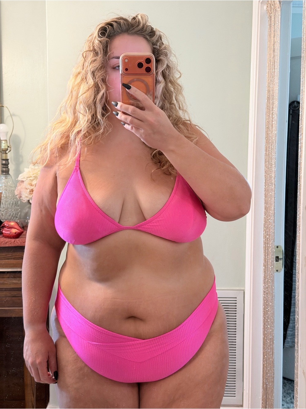 aerie Hot Pink Ribbed Triangle Bikini Set